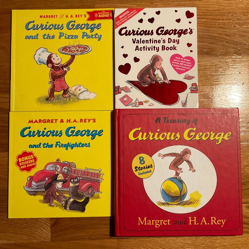 Curious George lot 4 books Treasury, Valentine's Day, Firefighters, Pizza Party